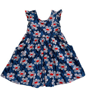 Hanna Andersson Dress Girls Blue Floral Skater Pockets Cotton Blend Stretch